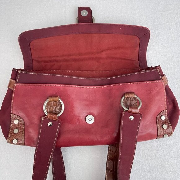 Franco Sarto Red Leather Embossed Brown Trim Shoulder Bag Dual Straps Buckle - Picture 5 of 16